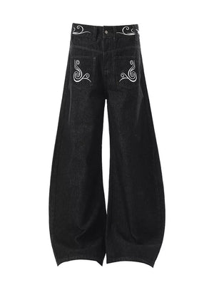 Black embroidered wide-leg men's cotton jeans with swirling pocket details.