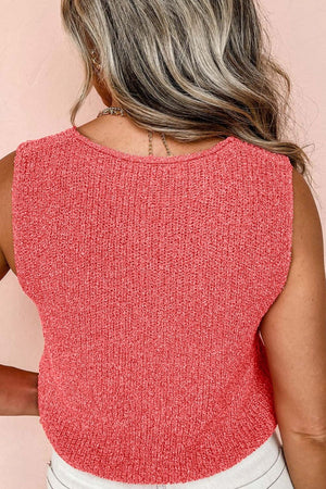 Tie-front knit tank top in burnt coral with textured acrylic fabric and a crew neck.