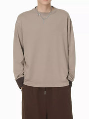 Relaxed fit coffee long sleeve t-shirt with contrasting dark cuffs, cotton.
