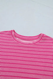 Fuchsia pink striped bikini top with crew neck