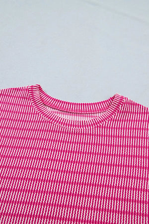Fuchsia pink striped bikini top with crew neck