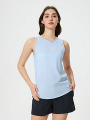 Baby blue mesh-back performance tank top with crew neck and racerback detail