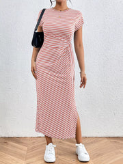 Elegant Striped Midi Dress With Tie Detail