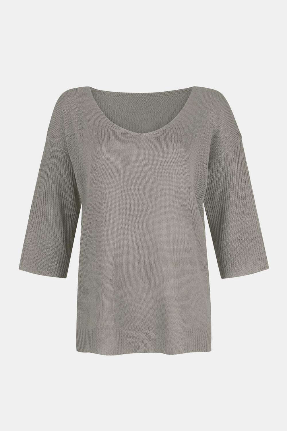 Gray knit sweater with V-neck and flared 3/4 sleeves.
