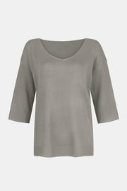 Gray knit sweater with V-neck and flared 3/4 sleeves.