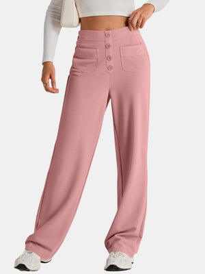 Button-front palazzo trousers in pale blush with four button details and two front pockets.