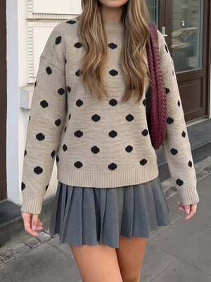 Polka Dot Dropped Shoulder Sweater in Khaki, front view