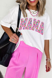 White floral mama graphic t-shirt with short sleeves and crew neck.