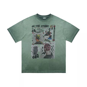 Green graphic t-shirt with round neck and "On The Street" text with collage art.