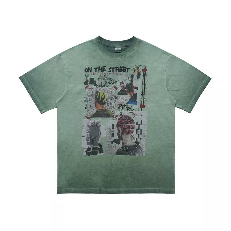 Green graphic t-shirt with round neck and "On The Street" text with collage art.