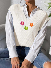 Ivory ribbed knit vest with embroidered flowers, V-neck, sleeveless, acrylic.