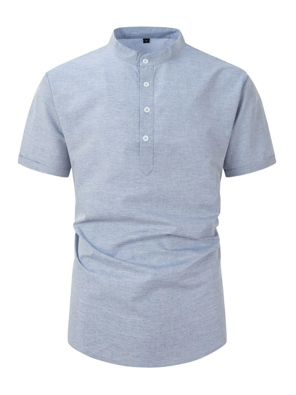 Light blue linen blend henley shirt with mandarin collar and short sleeves