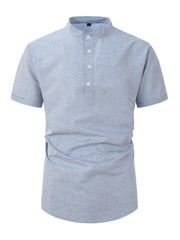 Light blue linen blend henley shirt with mandarin collar and short sleeves
