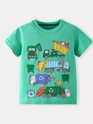 Green cotton t-shirt with a whimsical truck print for toddlers.