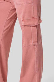 Utility denim wide-leg cargo pants in Burnt Coral with flap pockets.