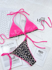 Hot Pink bikini set with leopard print bottoms and trim, tie-side detail.