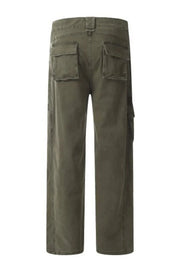 Army green utility cargo pants with wide legs and multiple pockets.