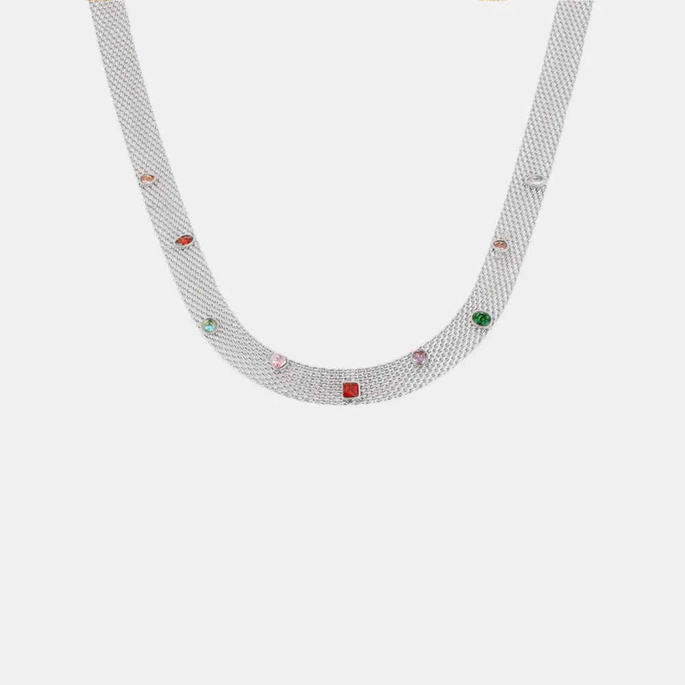 Silver mesh collar necklace with colorful gemstone embellishments