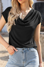 Black cowl neck cap-sleeve tee shirt with draped neckline