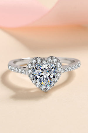 Silver heart-cut halo diamond ring with pavé band