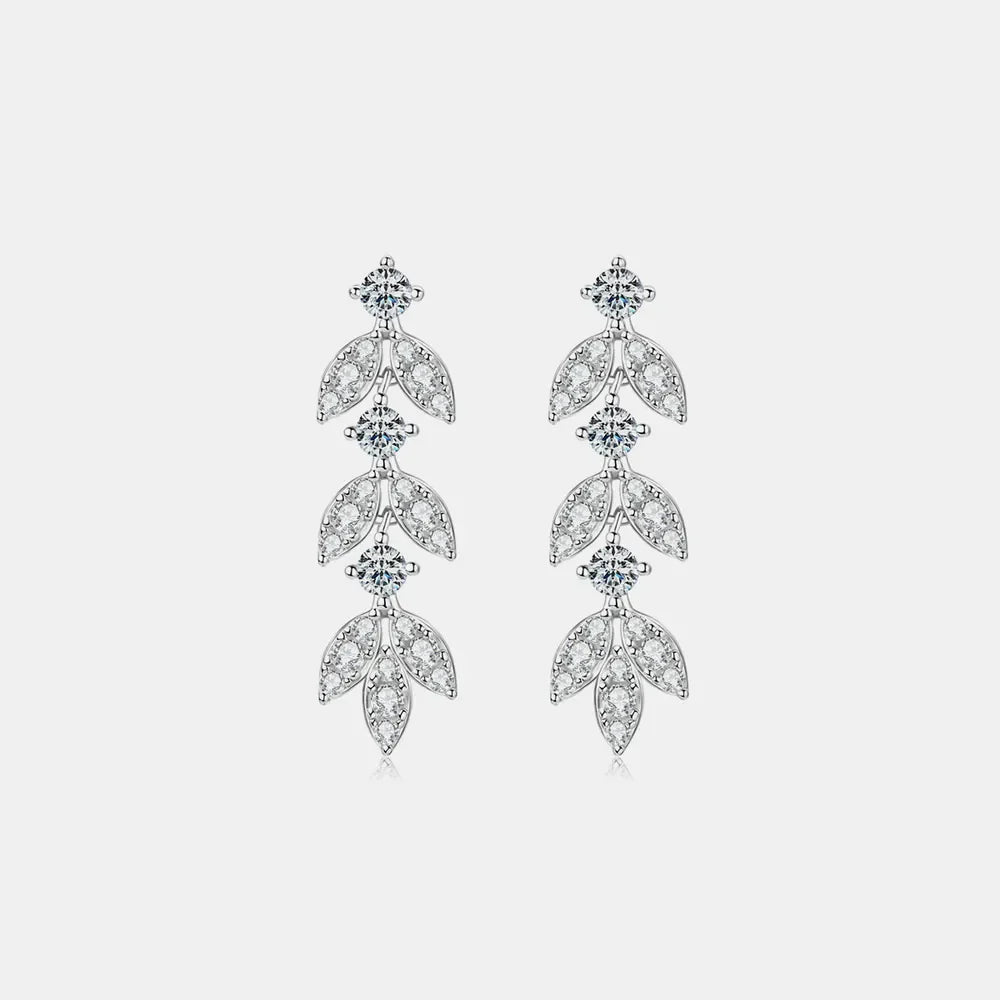 Silver cubic zirconia botanical drop earrings with leaf design