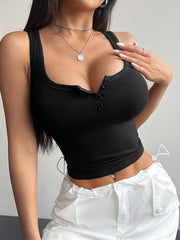 Black ribbed crop top with button front and scoop neckline.