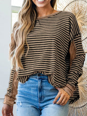 Casual striped drop shoulder knit top with contrasting side panels