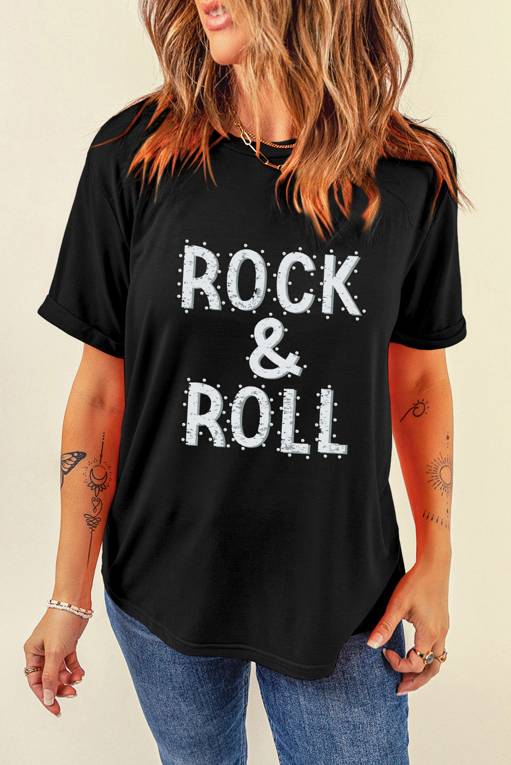 Black graphic tee with embellished ROCK & ROLL text, crew neck, short sleeves.