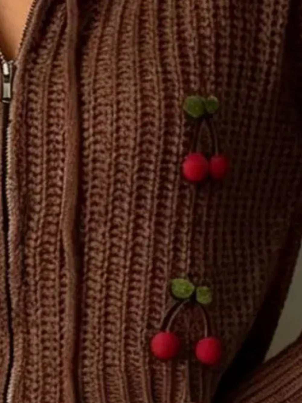Cherry Knit Zip-up Hooded Sweater in Black, alternate angle