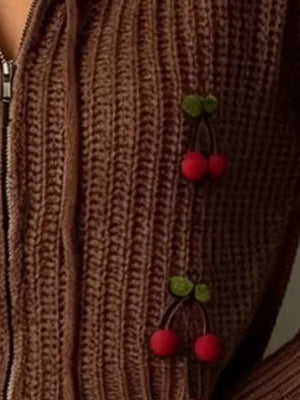 Cherry Knit Zip-up Hooded Sweater in Black, alternate angle