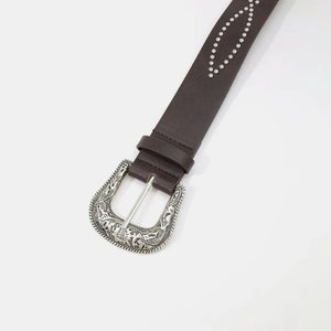Coffee brown faux leather belt with silver stud detailing and ornate buckle.