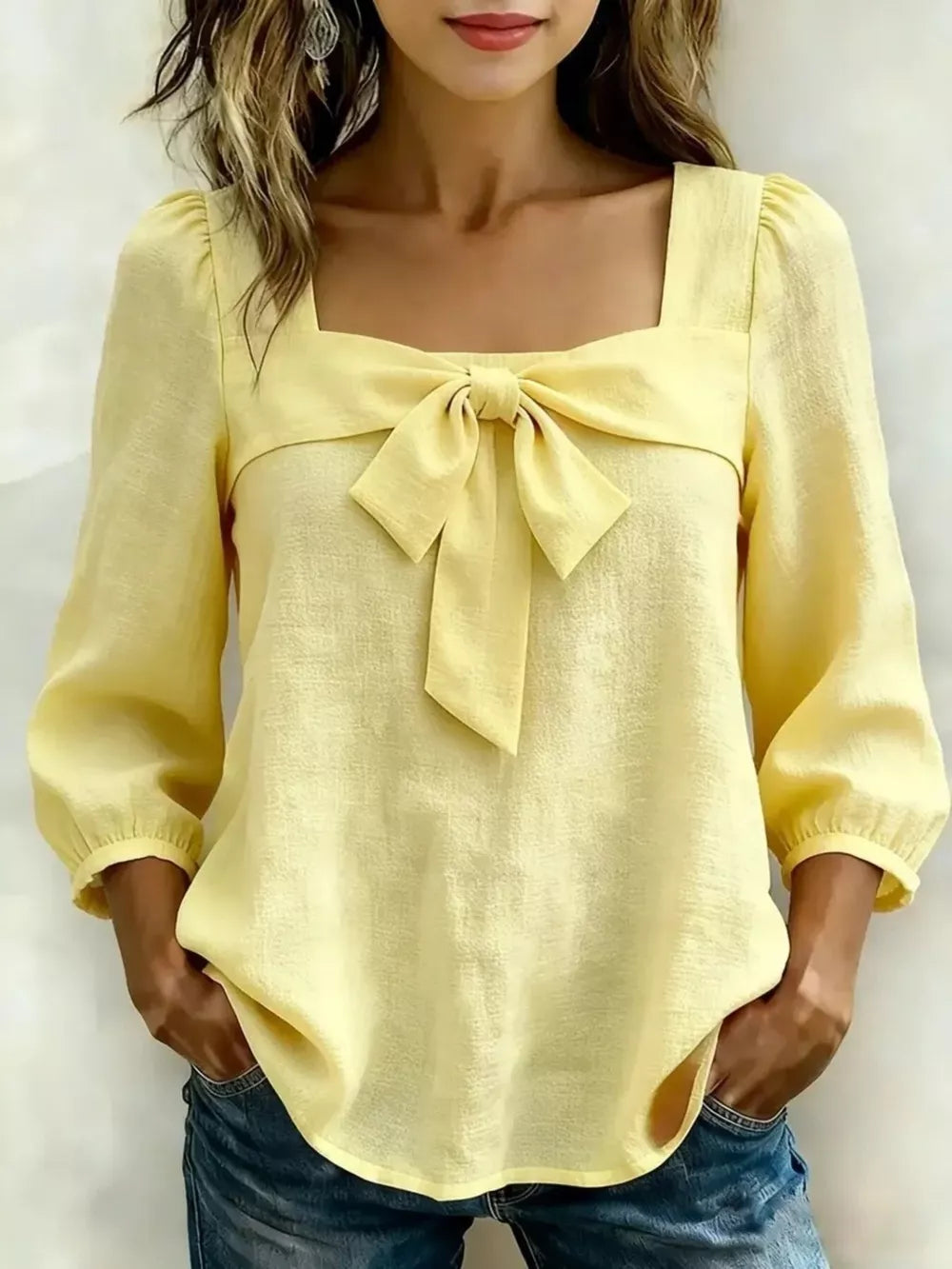 Full Size Bow Front Square Neck Blouse Plus in Yellow, back view