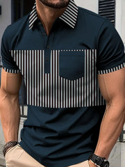 Navy polo shirt with vertical stripe panel and chest pocket.