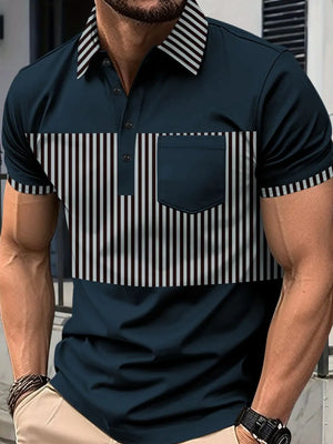 Navy polo shirt with vertical stripe panel and chest pocket.