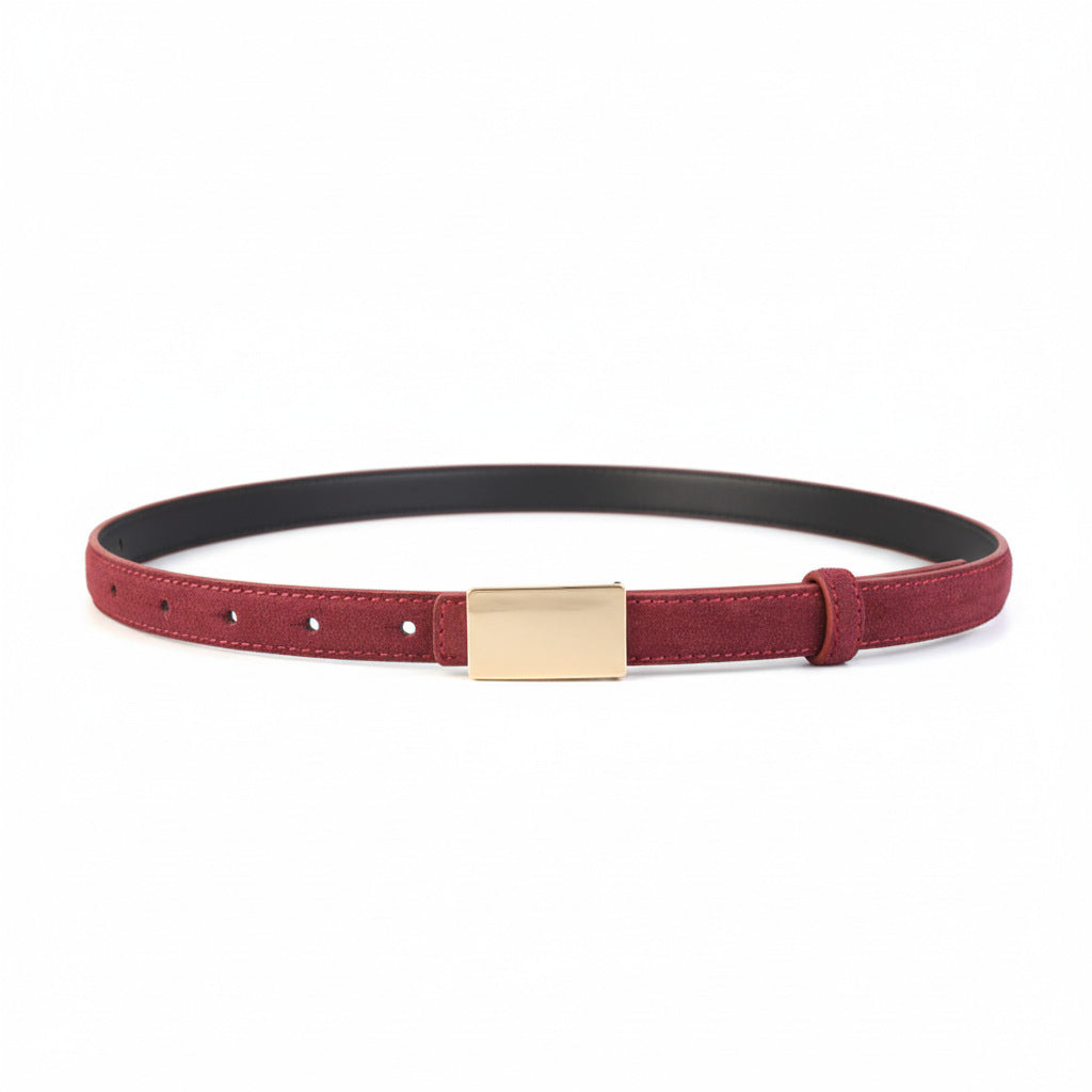 Red cowhide leather belt with gold buckle detail