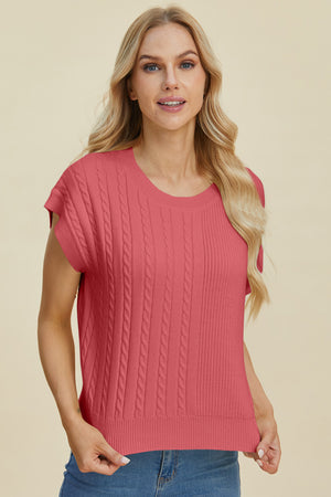 Cable knit cap sleeve pullover in strawberry with crew neck and ribbed hem.