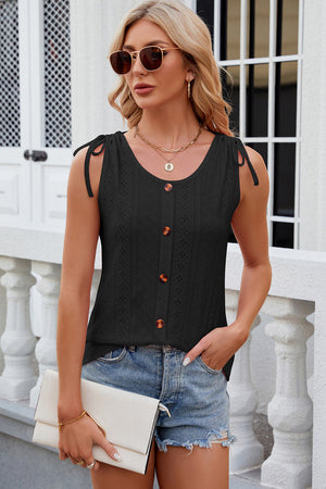 Black eyelet button-down tank top with tie shoulders
