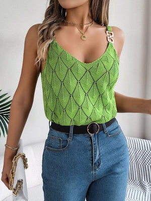 Green diamond knit tank top with buckle straps and V-neck