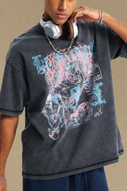 Acid wash black oversized tee with graphic print and crew neck.