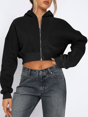 Black cropped zip-up hoodie with ribbed hem and cuffs