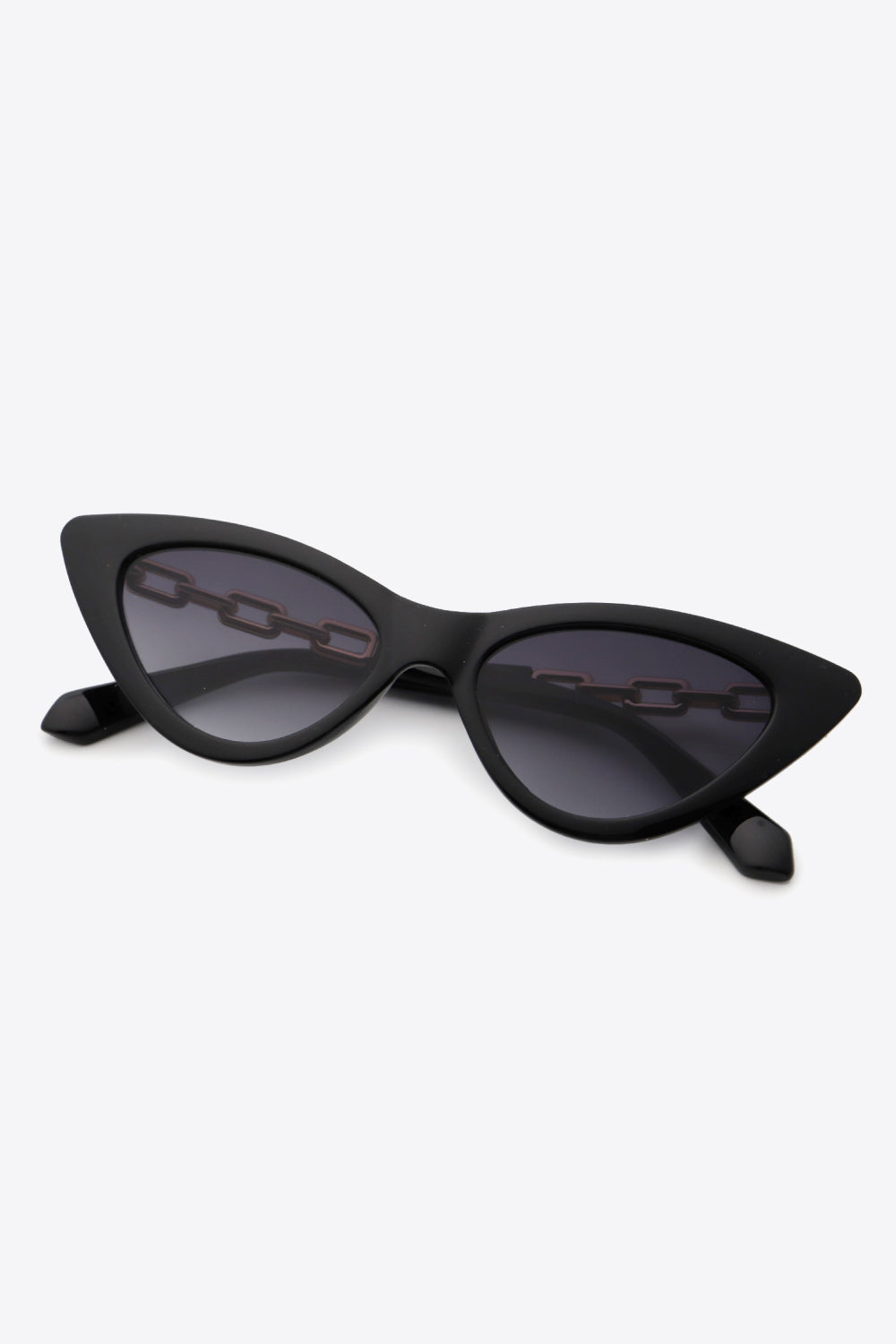 Black cat-eye sunglasses with chain detail on lenses