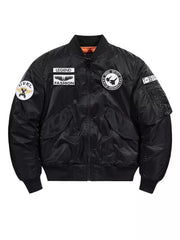 Black bomber jacket with embroidered patches and zippered sleeve pocket.
