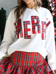 White crew neck sweatshirt with red plaid "Merry" graphic, long sleeves, cotton.