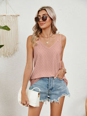 Dusty Pink eyelet overlay V-neck tank top with double straps.
