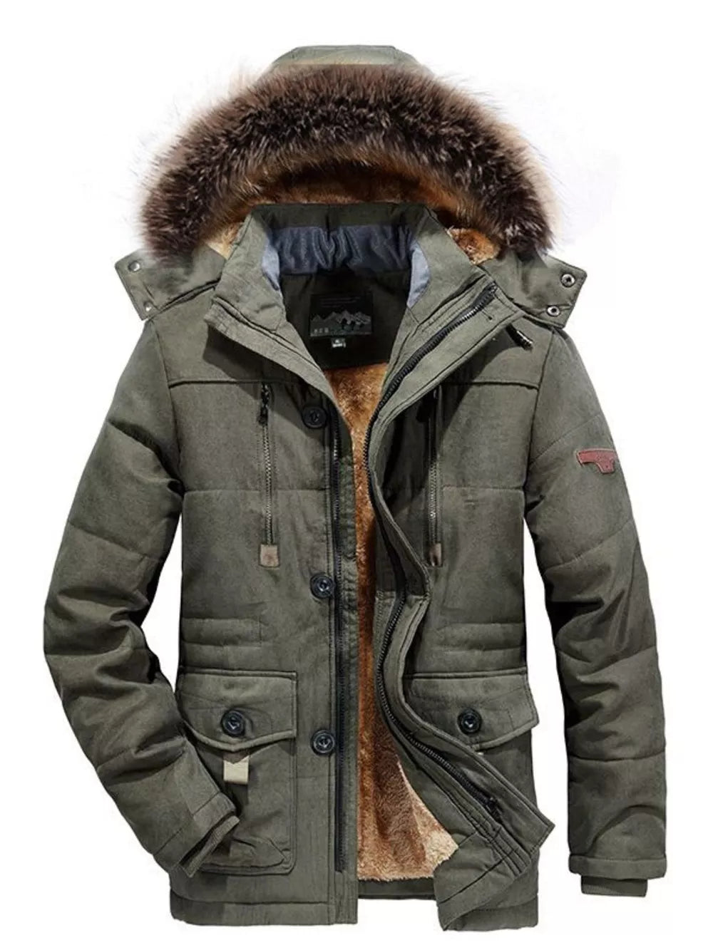 Men's Army Green Puffer Coat with Faux Fur Hood and button details