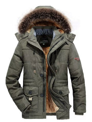 Men's Army Green Puffer Coat with Faux Fur Hood and button details