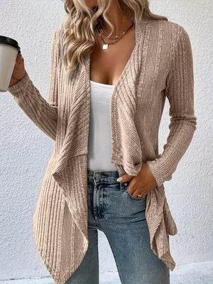 Khaki ribbed knit waterfall cardigan with open front and long sleeves, styled with jeans.