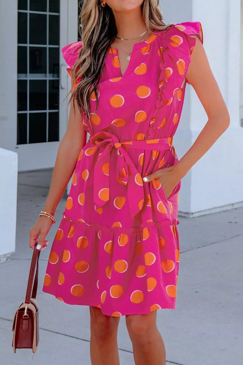 Ruffle Sleeve Polka Dot Mini Dress, fabric detail