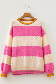 Striped Colorblock Drop Shoulder Sweater in Hot Pink, back view