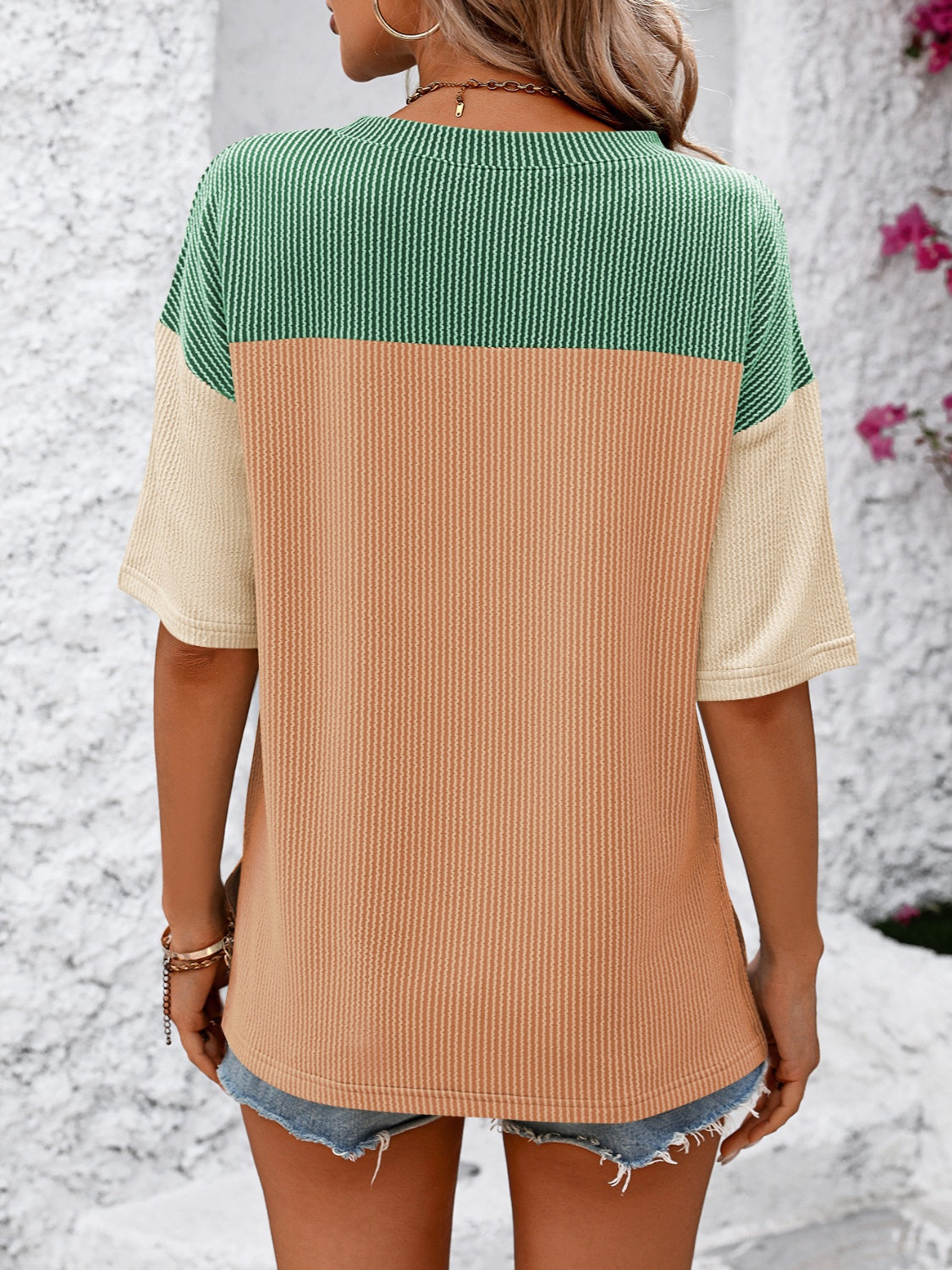 Mandy T-Shirt with color block pattern in green, camel, and cream waffle knit fabric.